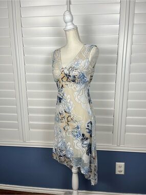 RAG Floral Mesh Asymmetrical Dress Women’s Medium Blue Beige Y2K